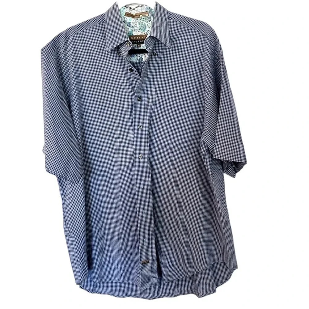 Robert Talbott Men's Short Sleeve Blue Plaid Button Up Shirt Size XL GUC